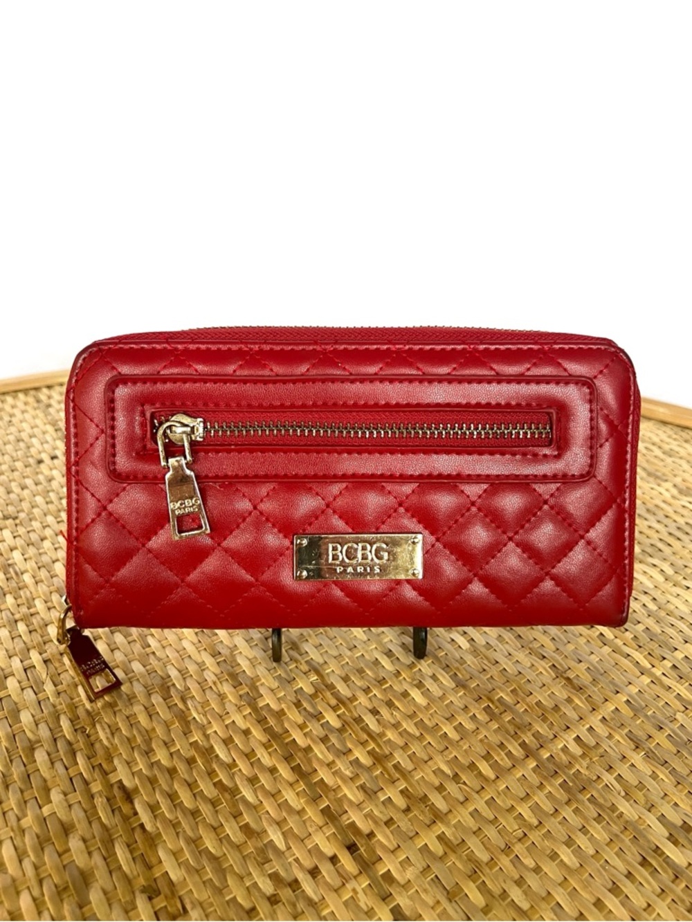 BCBG Paris Vegan Quilted Leather Red clutch Clutch zipper closure outside pocket